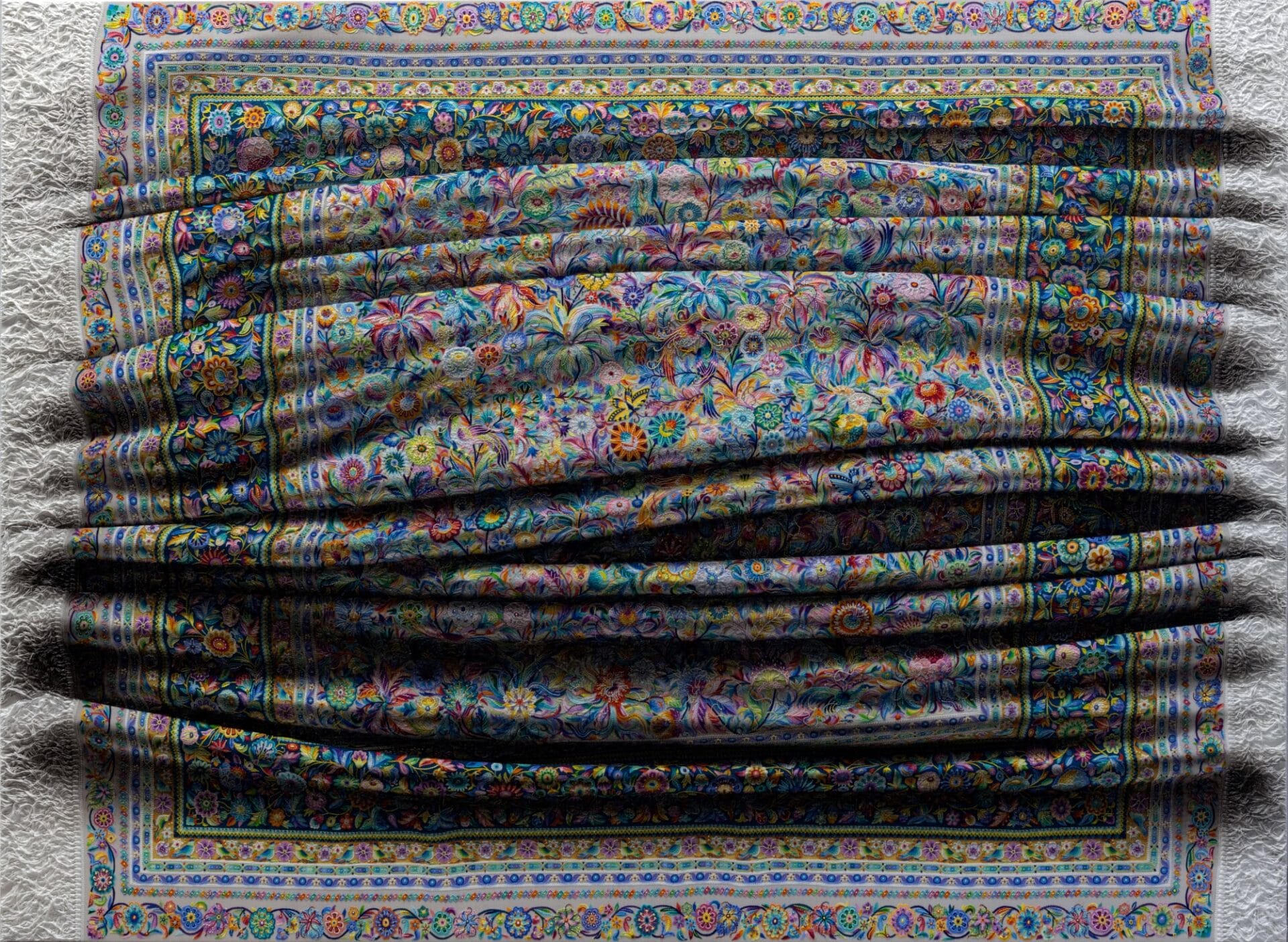 A very detailed oil painting of a bunched-up woven carpet.
